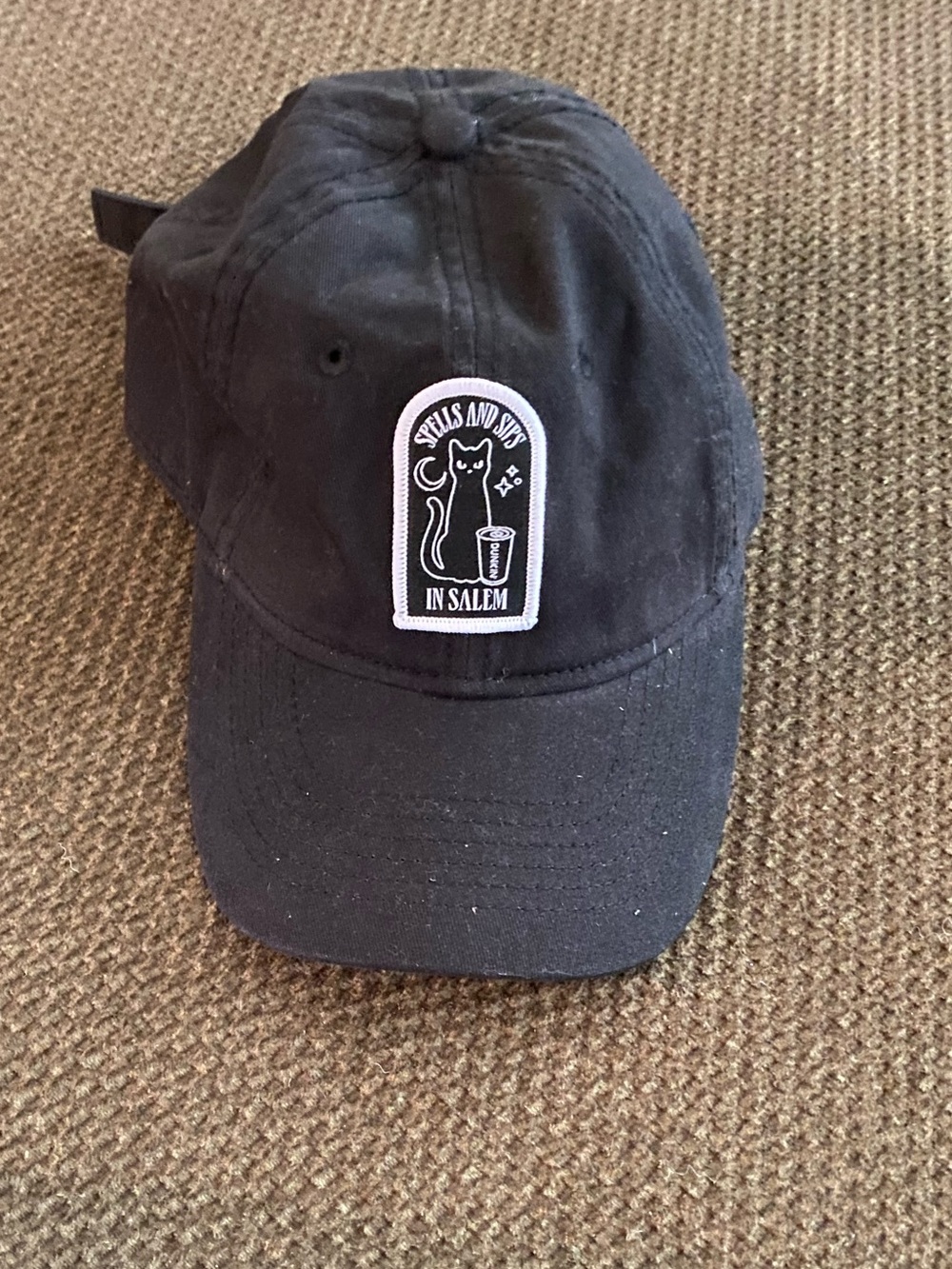 Black 'Spells and Sips in Salem' Embroidered Cat Baseball Cap